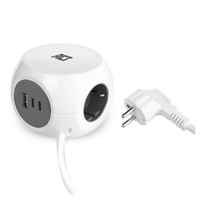 Stekkerblok ACT 3 voudig  inclusief 2x USB C/A 1.5 meter wit/grijs