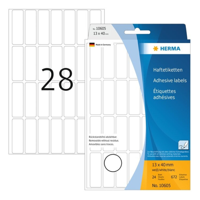 Etiket HERMA 10605 13x40mm verwijderbaar wit 672 stuks