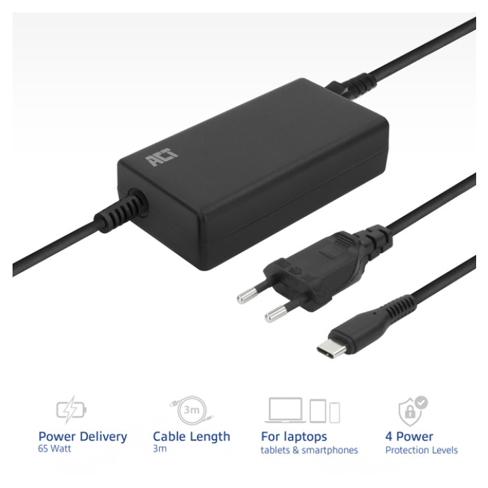 Laptop Oplader ACT USB-C Power Delivery 65W 3mtr