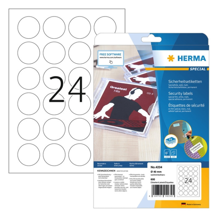 Veiligheidsetiket HERMA 4234 rond 40mm wit 600 stuks