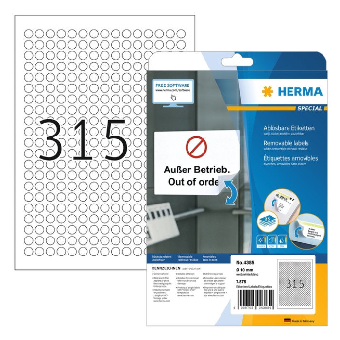 Etiket HERMA 4385 rond 10mm wit 7875 stuks