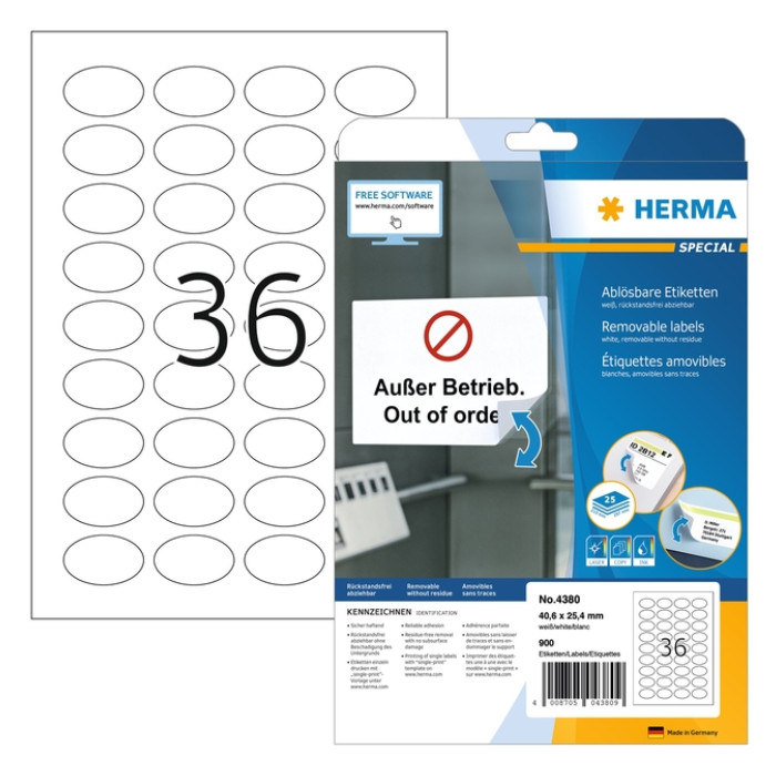 Etiket HERMA 4380 ovaal 40.6x25.4mm wit 900 stuks