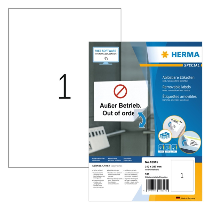 Etiket HERMA 10315 210x297mm verwijderbaar wit 100 stuks