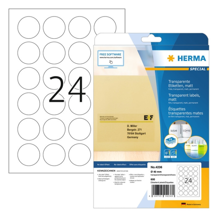Etiket HERMA 4236 rond 40mm transparant 600 stuks