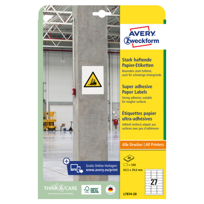 Etiket Avery L7874-20 63.5x29.6mm 540 stuks