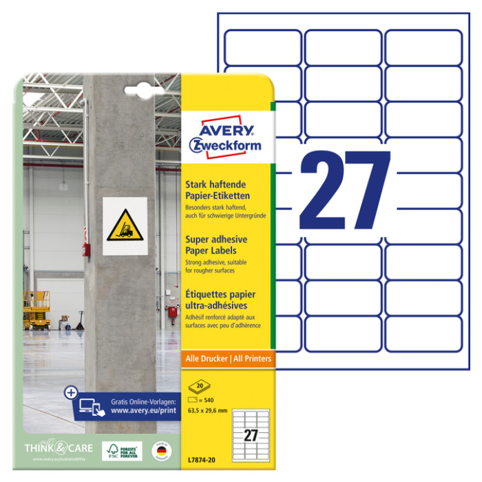 Etiket Avery L7874-20 63.5x29.6mm 540 stuks