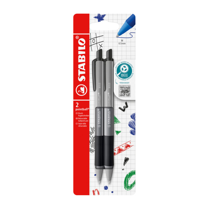 Balpen STABILO pointball colorful medium zwart blister à 2 stuks
