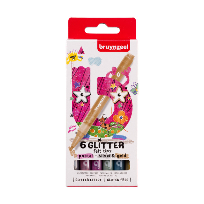 Viltstift Bruynzeel Kids assorti pastel glitter en zilver goud 6 stuks