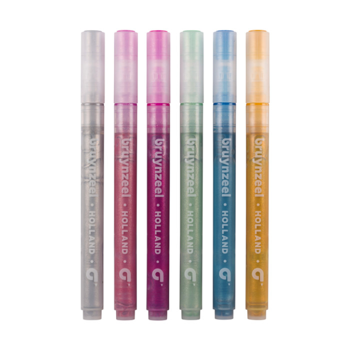 Viltstift Bruynzeel Kids assorti pastel glitter en zilver goud 6 stuks