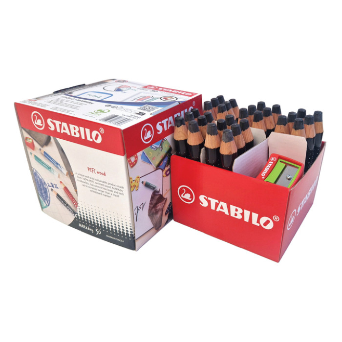 Whiteboardpotlood STABILO MARKdry incl 2 slijpers zwart classpack 30st