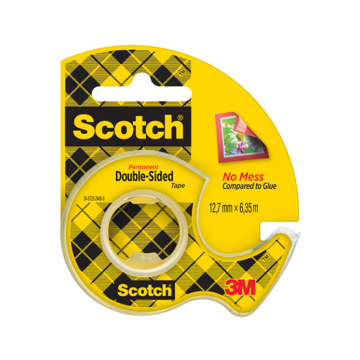 Plakband Scotch 665 12mmx6.3m dubbelzijdig + afroller