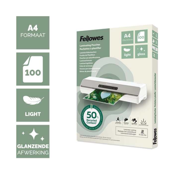 Lamineerhoes Fellowes A4 light 50% gerecycled glans 100stuks