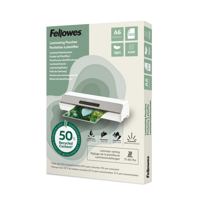 Lamineerhoes Fellowes A6 light 50% gerecycled mat 100stuks