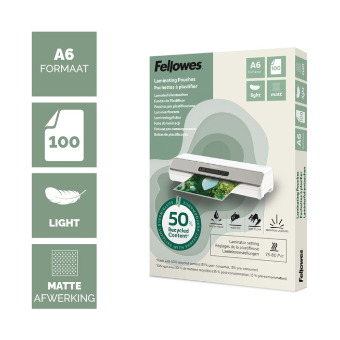 Lamineerhoes Fellowes A6 light 50% gerecycled mat 100stuks