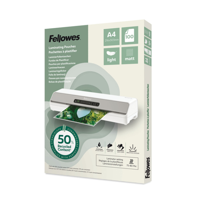 Lamineerhoes Fellowes A4 light 50% gerecycled mat 100stuks