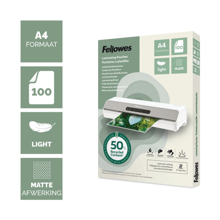 Lamineerhoes Fellowes A4 light 50% gerecycled mat 100stuks