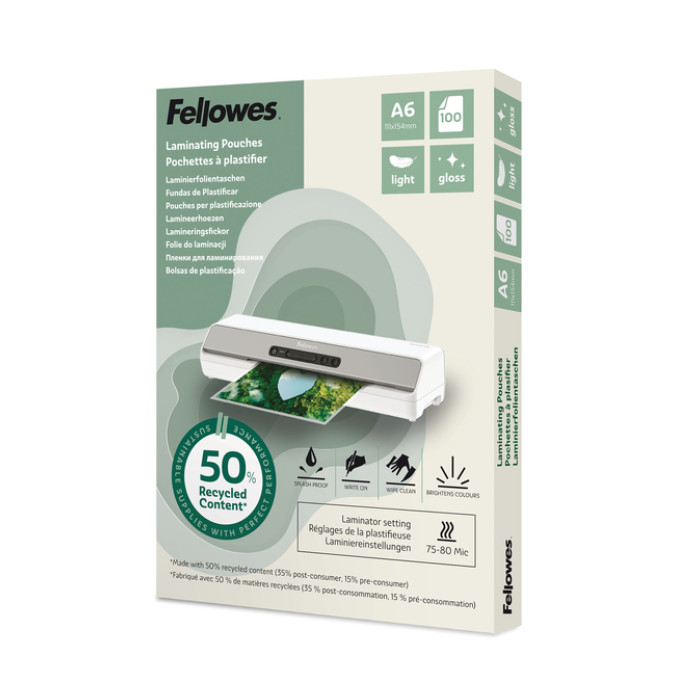 Lamineerhoes Fellowes A6 light 50% gerecycled glans 100stuks