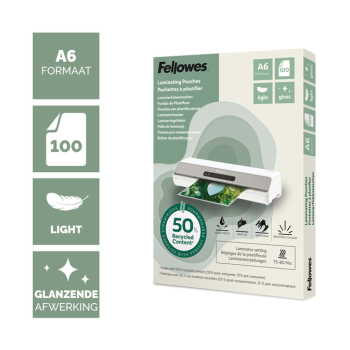 Lamineerhoes Fellowes A6 light 50% gerecycled glans 100stuks