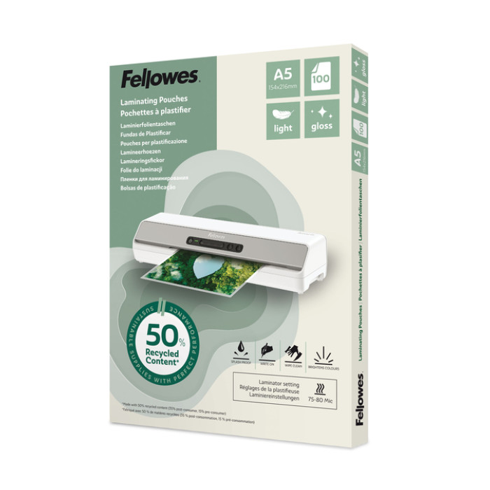 Lamineerhoes Fellowes A5 light 50% gerecycled glans 100stuks