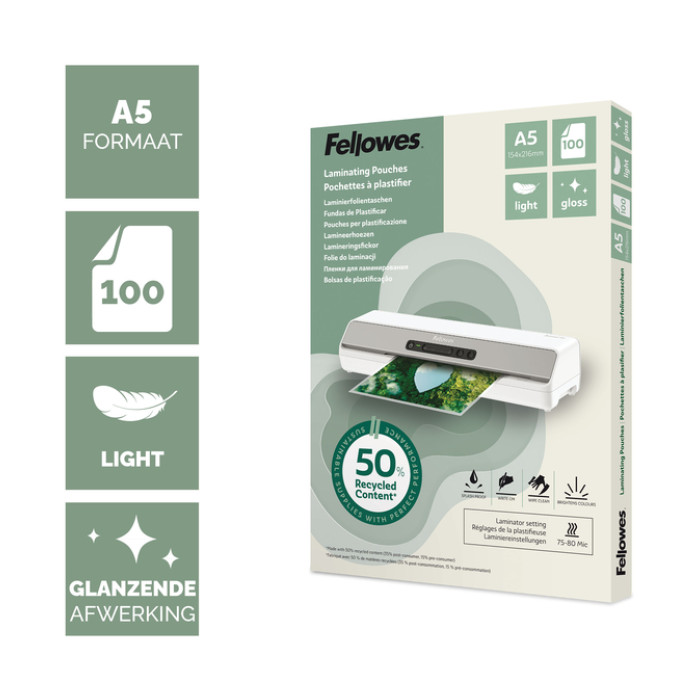 Lamineerhoes Fellowes A5 light 50% gerecycled glans 100stuks