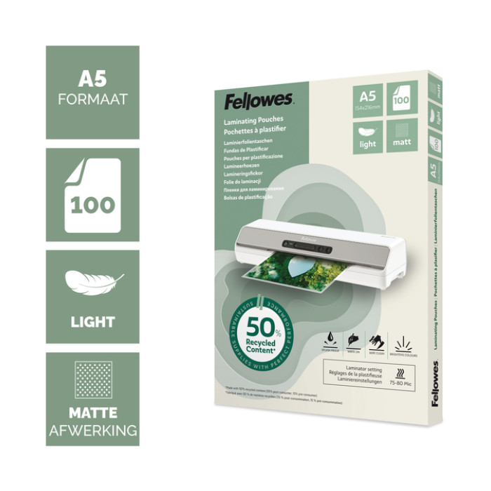 Lamineerhoes Fellowes A5 light 50% gerecycled mat 100stuks