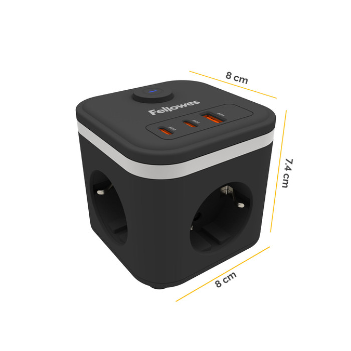 Stekkerblok Fellowes Power Cube F 3vdg 1xUSB A 2xUSB C 2 meter zwart
