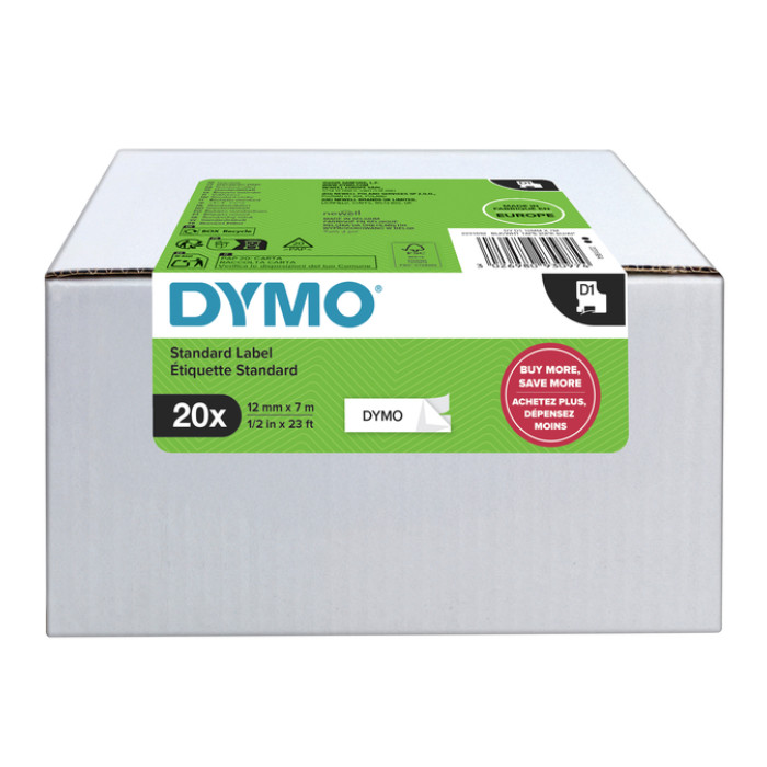 Labeltape Dymo LabelManager D1 polyester 12mmx7m zwart op wit 20 stuks
