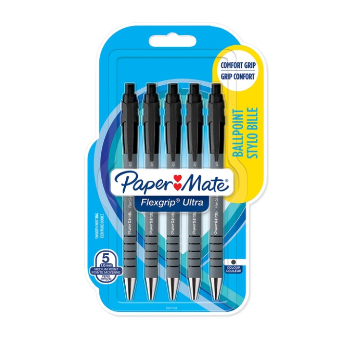 Balpen Paper Mate Flexgrip Ultra medium zwart blister à 5 stuks
