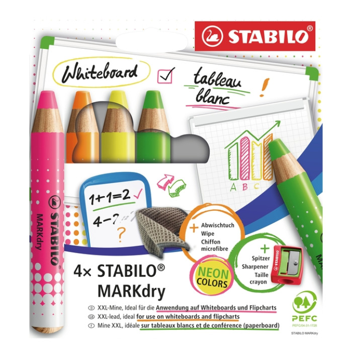 Whiteboardpotlood STABILO MARKdry etui à 4 neon kleuren