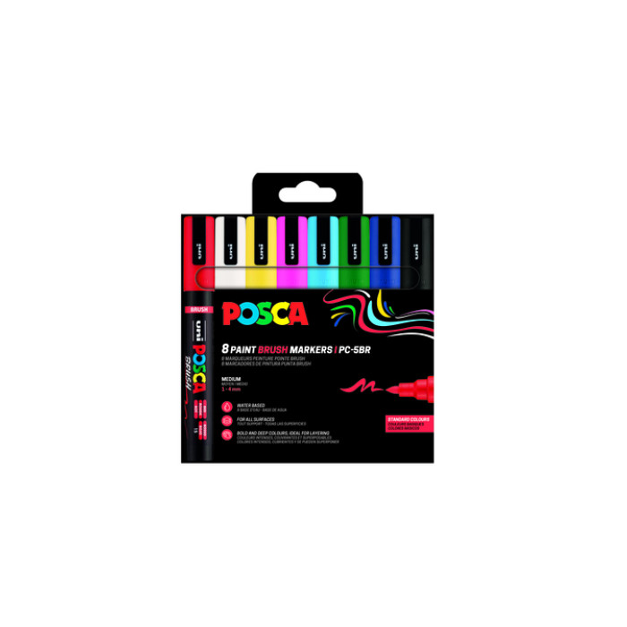 Paintmarker Uni POSCA PC-5BR brushpunt medium set à 8 kleuren