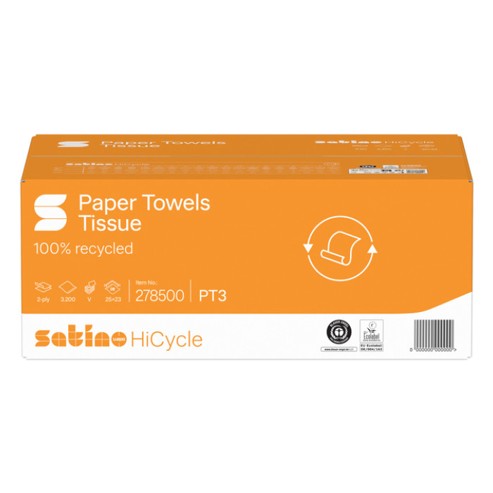 Handdoek Satino PT3 HiCycle v-vouw 2-laags 250x230mm 20x160 vel wit 278500
