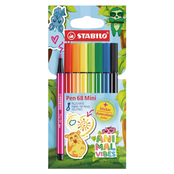 Viltstift STABILO Pen 68 Animal Vibes mini medium assorti 8 stuks