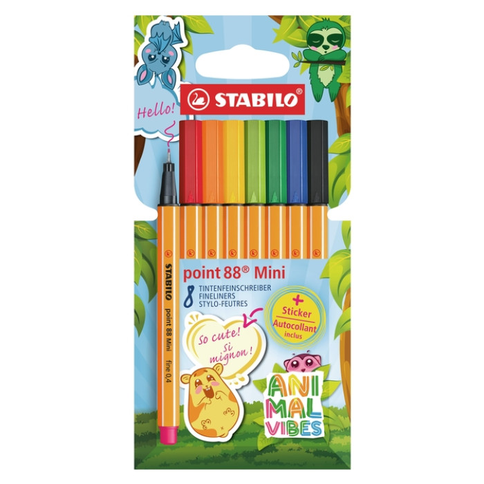 Fineliner STABILO point 88 Animal Vibes mini fijn assorti 8 stuks