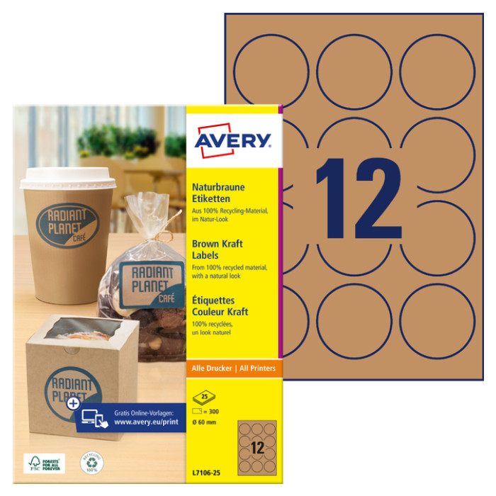 Etiket Avery L7106-25 60mm kraft 300 stuks