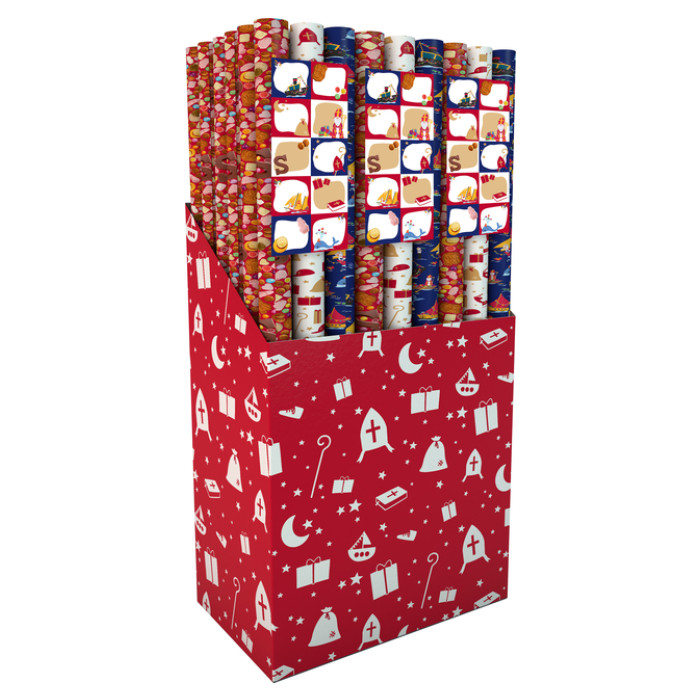 Inpakpapier Sint 200x70cm set à 3 rollen + stickervel met 10 etiketten assorti