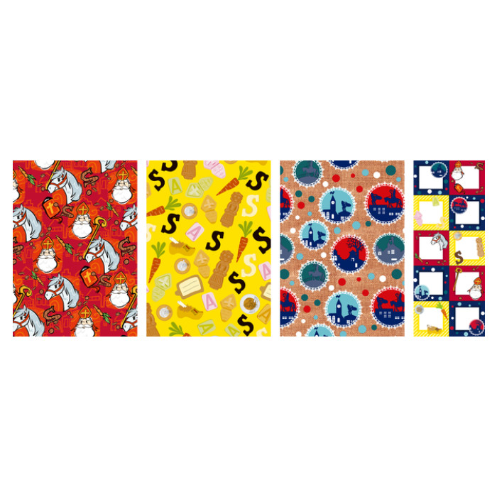 Inpakpapier Sint 200x70cm set à 3 rollen + stickervel met 10 etiketten assorti