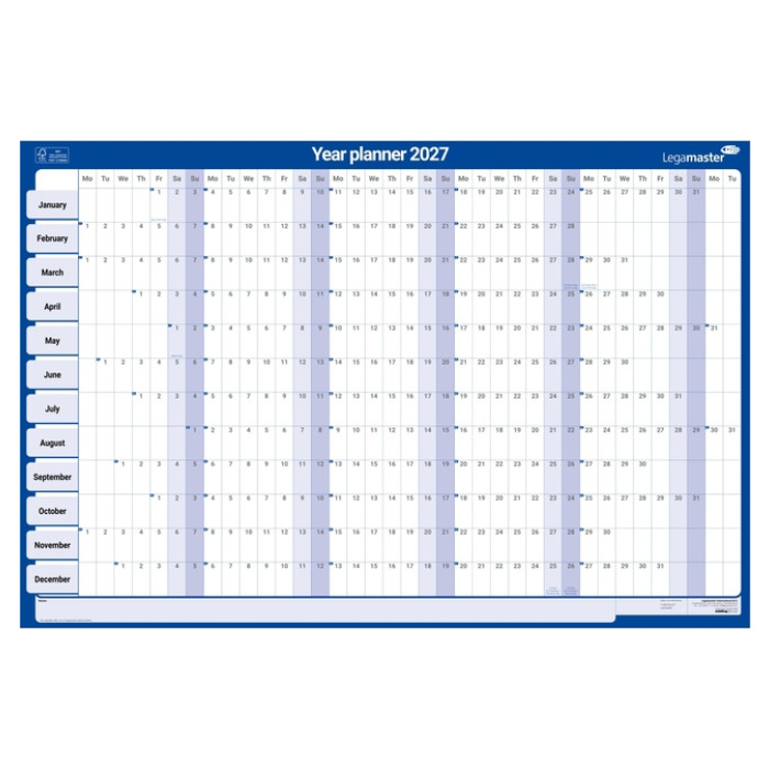 Jaarplanner 2027 Legamaster 90x60cm horizontaal gelamineerd en oprolbaar Engelstalig