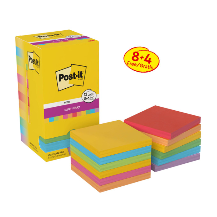 Memoblok Post-it Super Sticky Notes 76x76mm colour 8+4 gratis