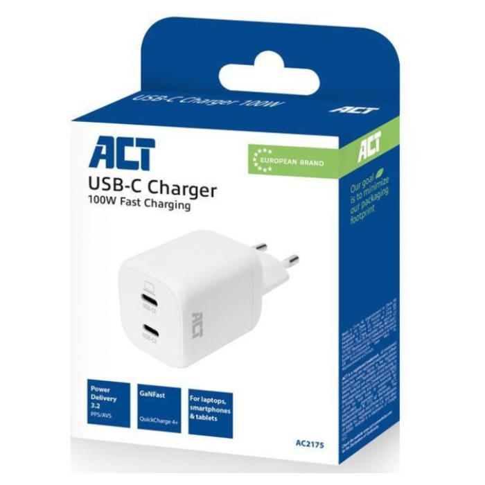 Oplader ACT USB-C 100W 2-poorts PD, PPS, AVS, QC, Ganfast